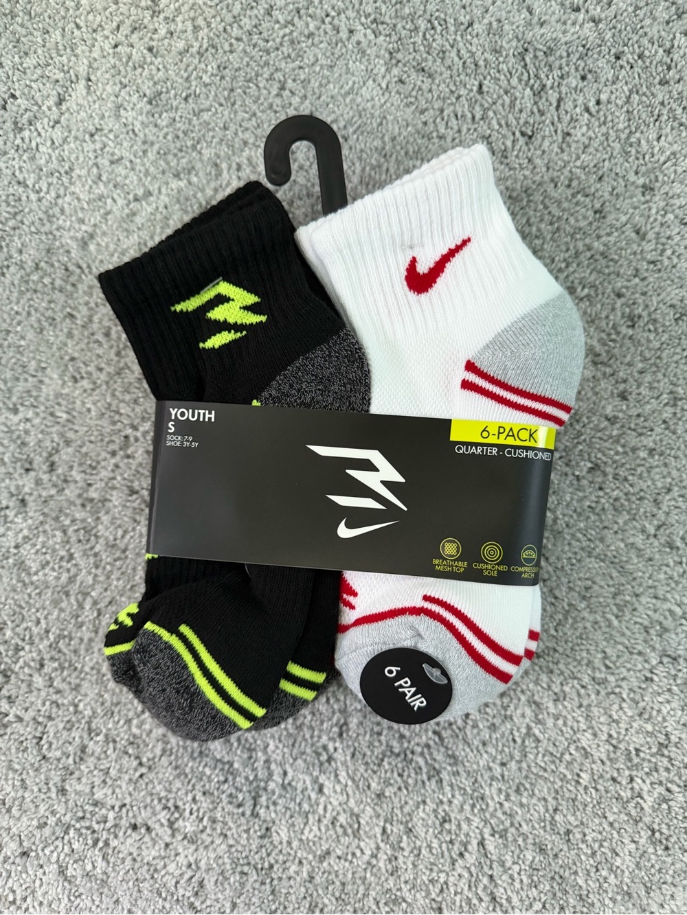 Nike Youth 6-Pack Quarter Socks - White, Black, Neon Green & Red Accents